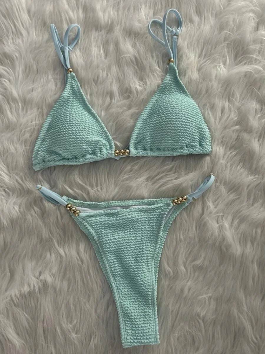 Wrinkled Pleated High Cut Brazilian Bikini