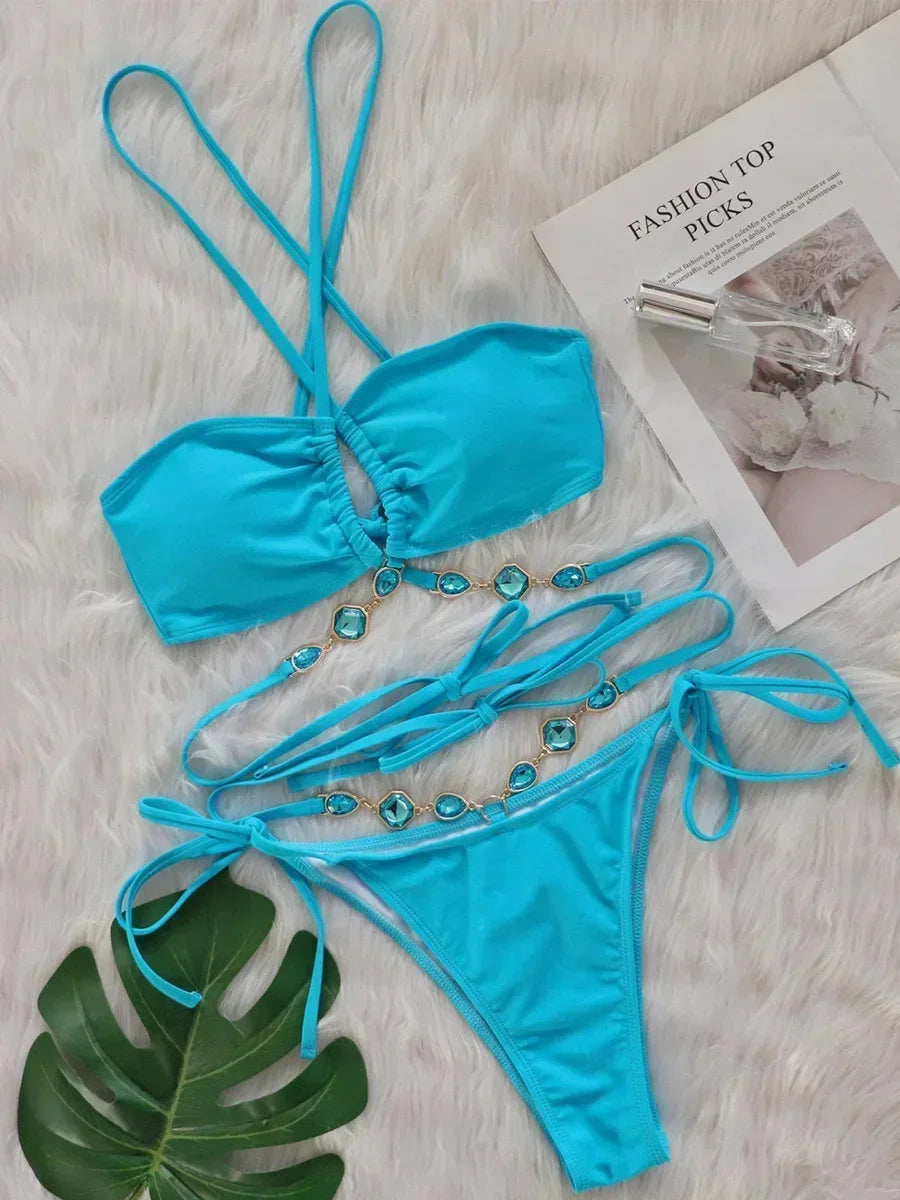 Wrap Around Halter Rhinestones Diamond Bikini