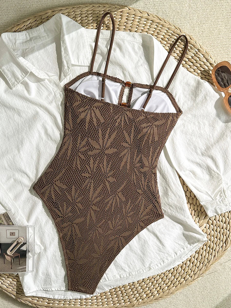 Leaves Printed Mesh Hollow Out Women Swimwear One Piece Swimsuit