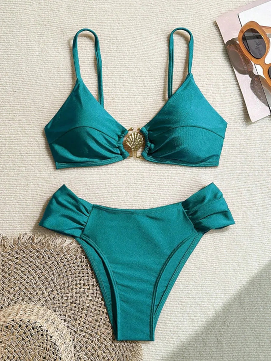 S - XL Metal Shell Halter Female Swimsuit