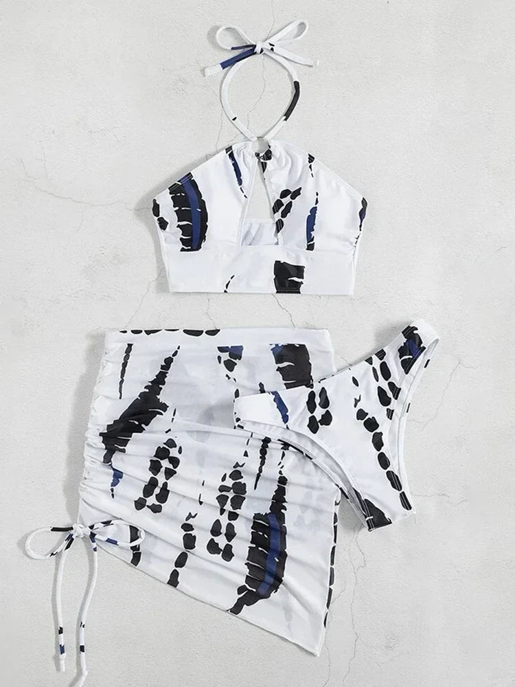 3PCS With Mesh Skirt Halter Bikini