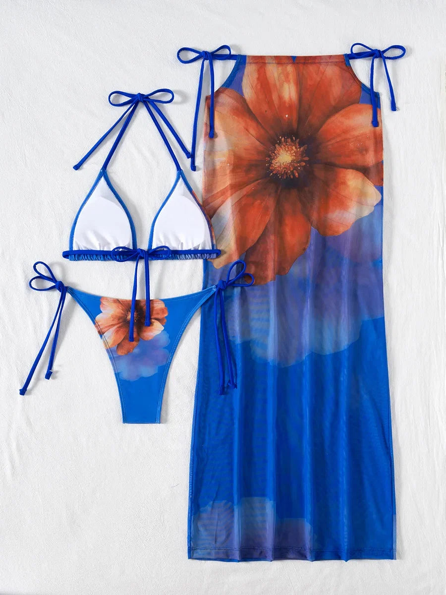 With Skirt Flower Floral Halter String Bikini