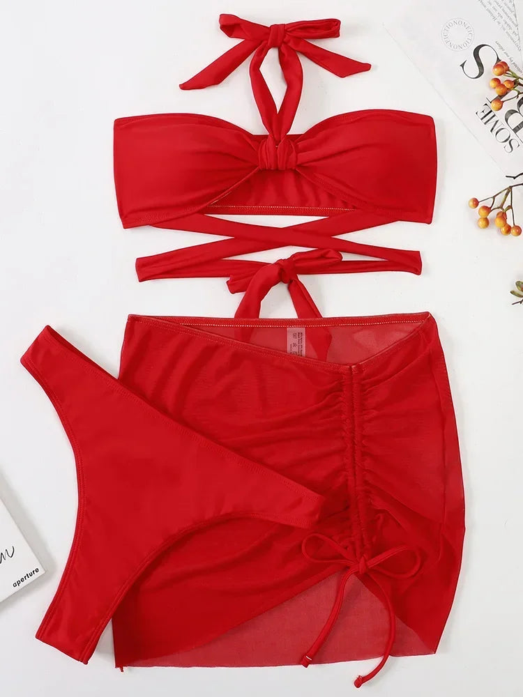 3 PCS Mesh Skirt Halter Wrap Around Bikini