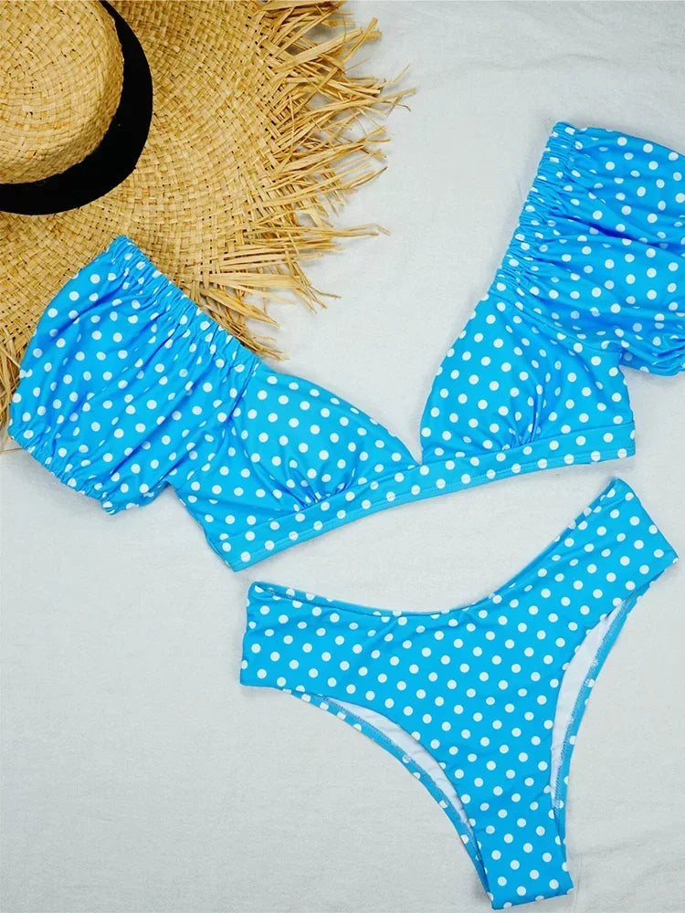 Sexy V Neck Short Sleeve Polka Dot Bikini