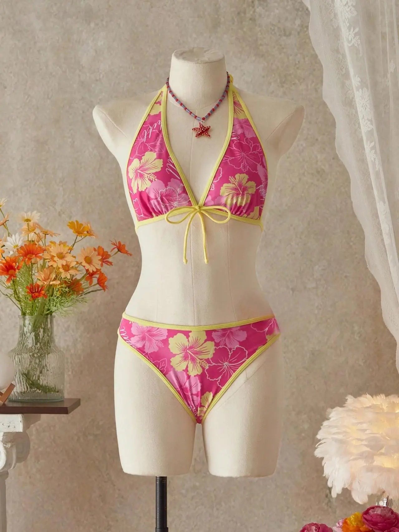 Vintage Pink Floral Print Contrast Bikini Set
