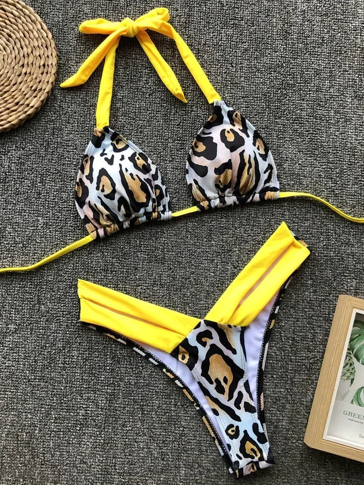 Splicing Halter Leopard Thong Bikini