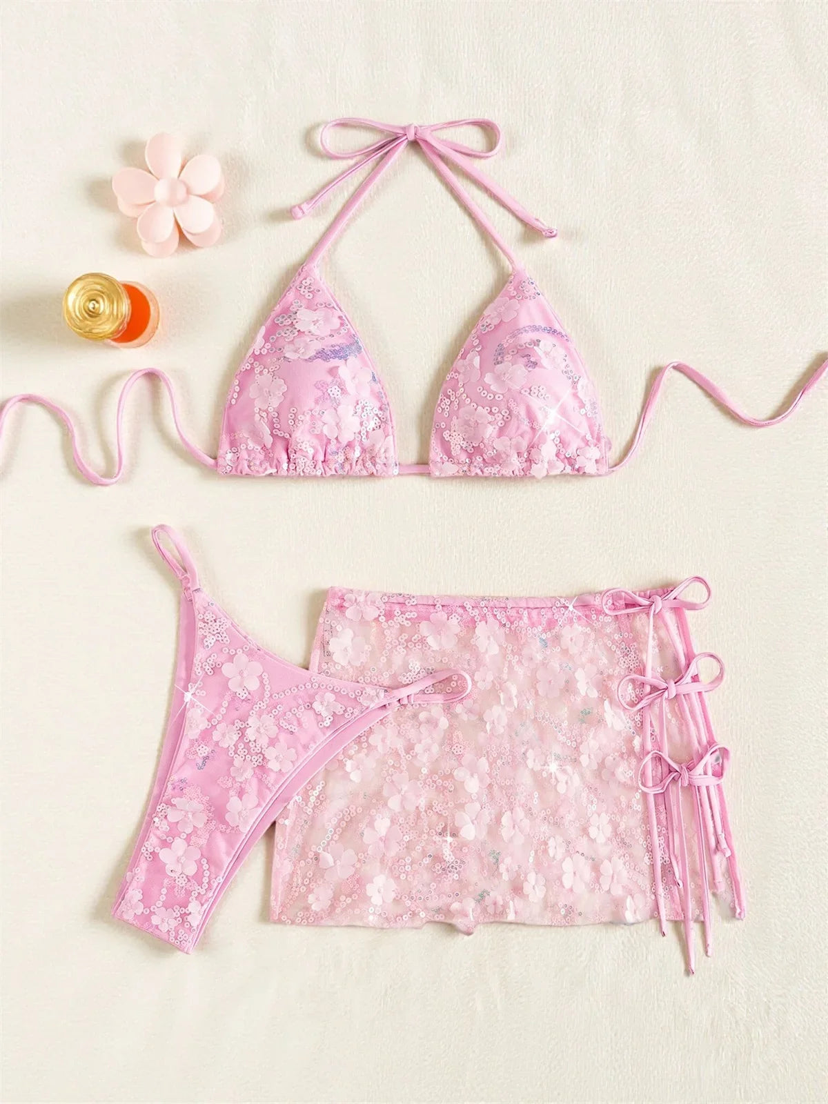 Shiny Sequin Pink Mesh Skirt 3 Piece Bikini Set