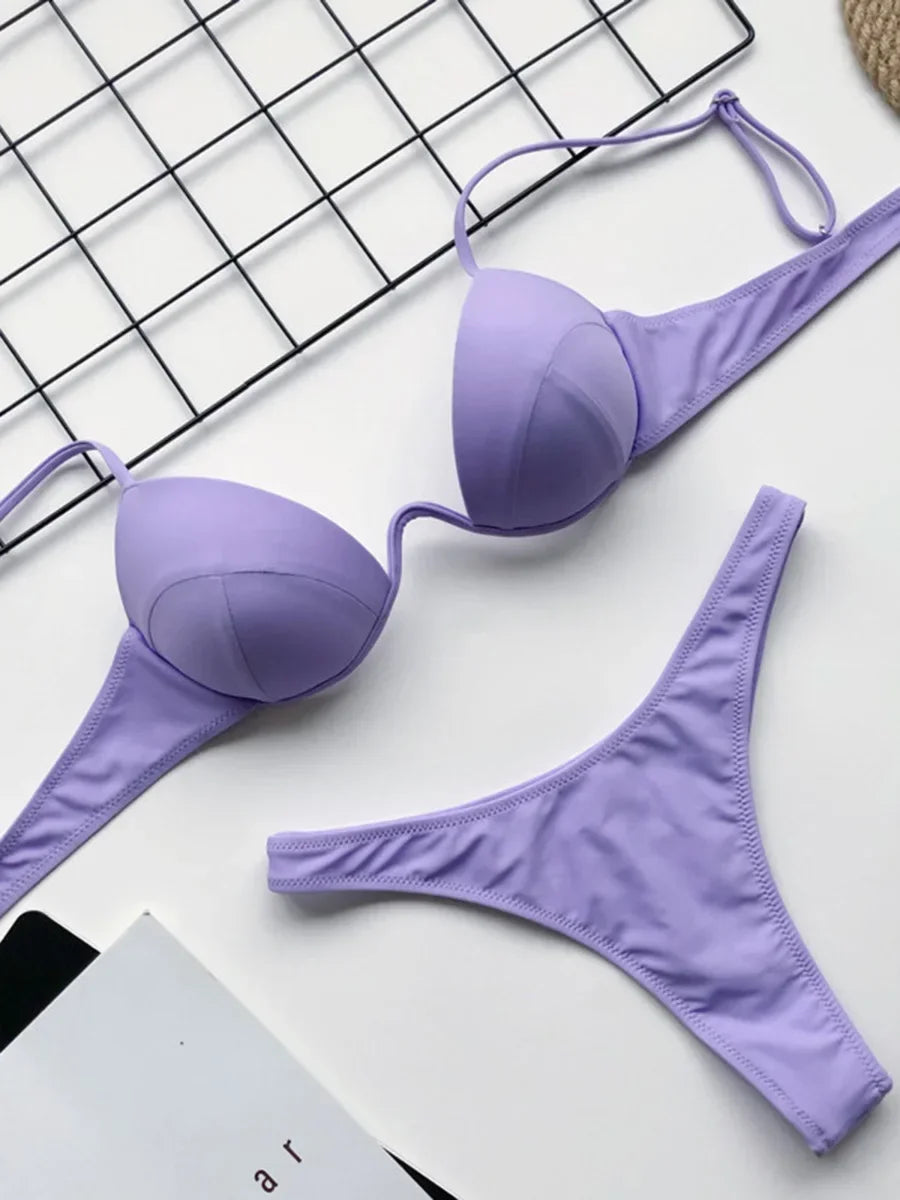 Sexy V-bar Underwired Bra Cup Thong Bikini