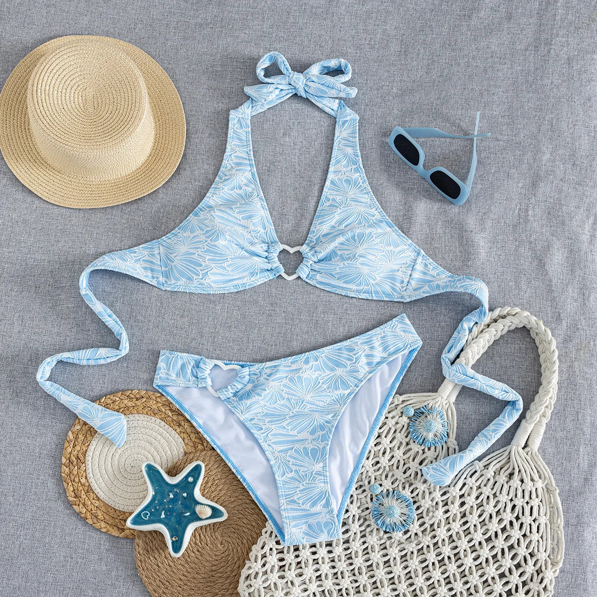 Sexy Sky Blue Floral Print Bikini Set