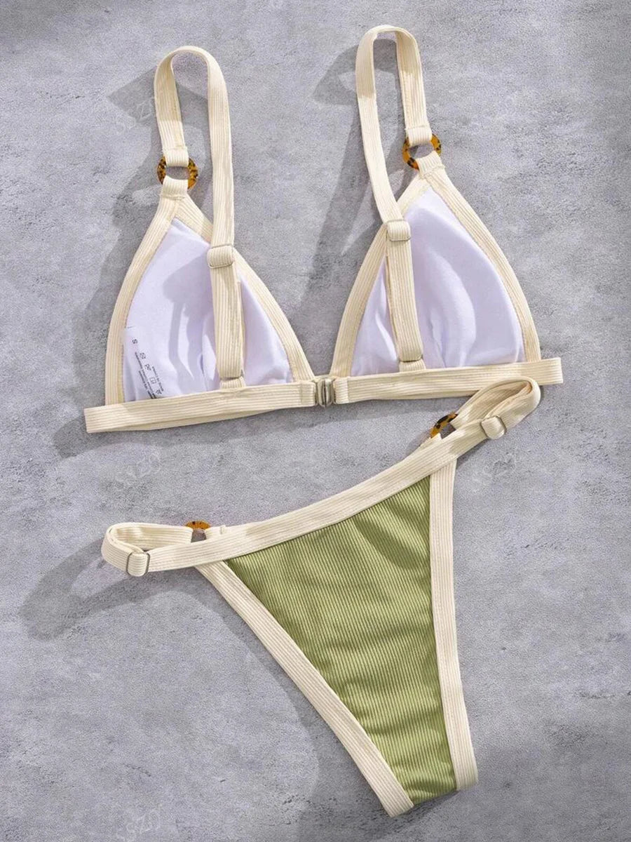 Splicing Ribbed High Cut Rings Bikini