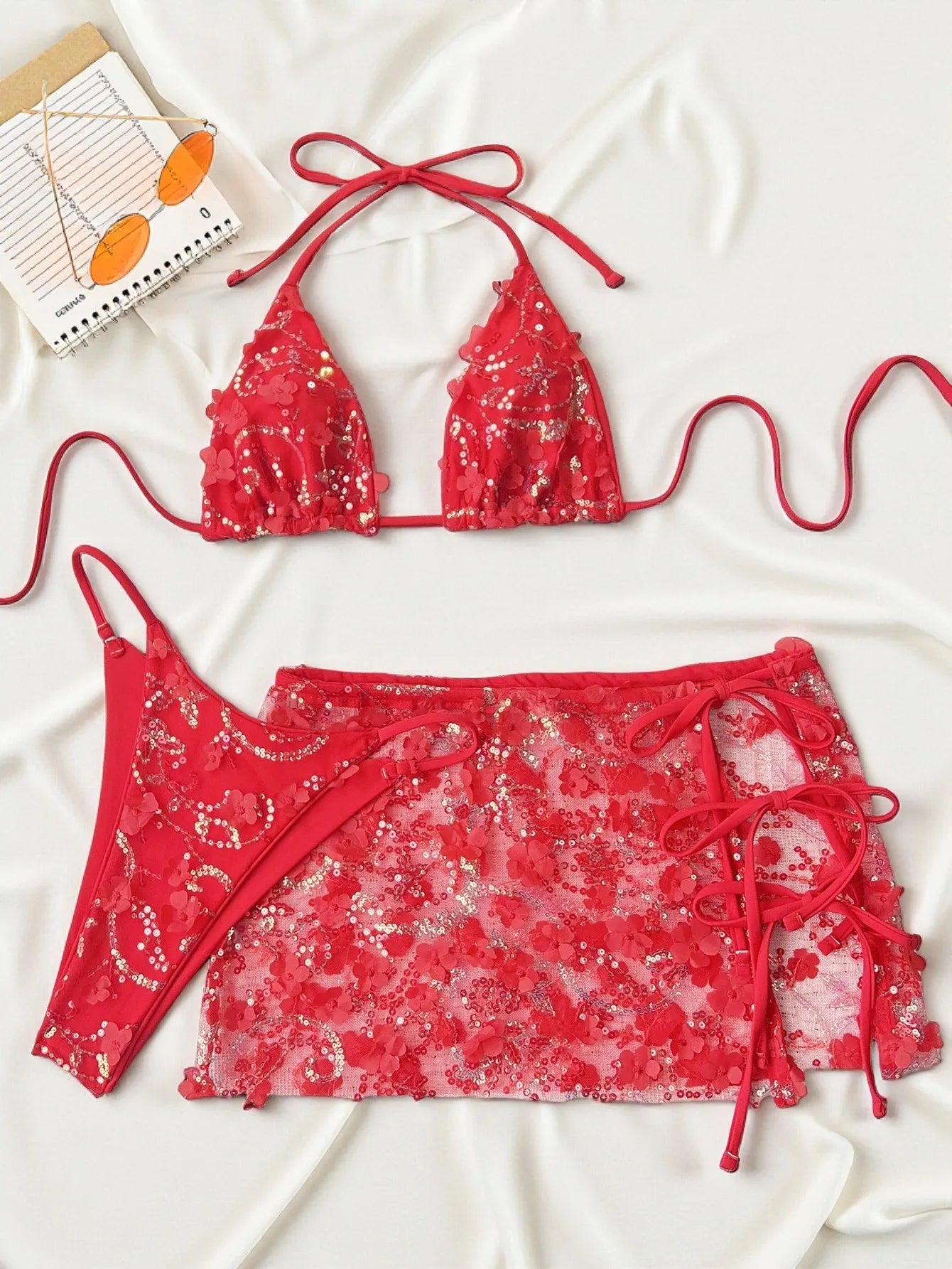 Shiny Sequin Pink Mesh Skirt 3 Piece Bikini Set
