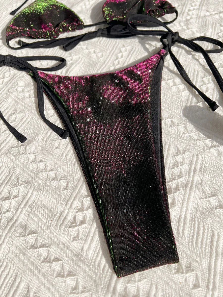 Sexy Shiny Gradient Purple Halter Strappy Bikini