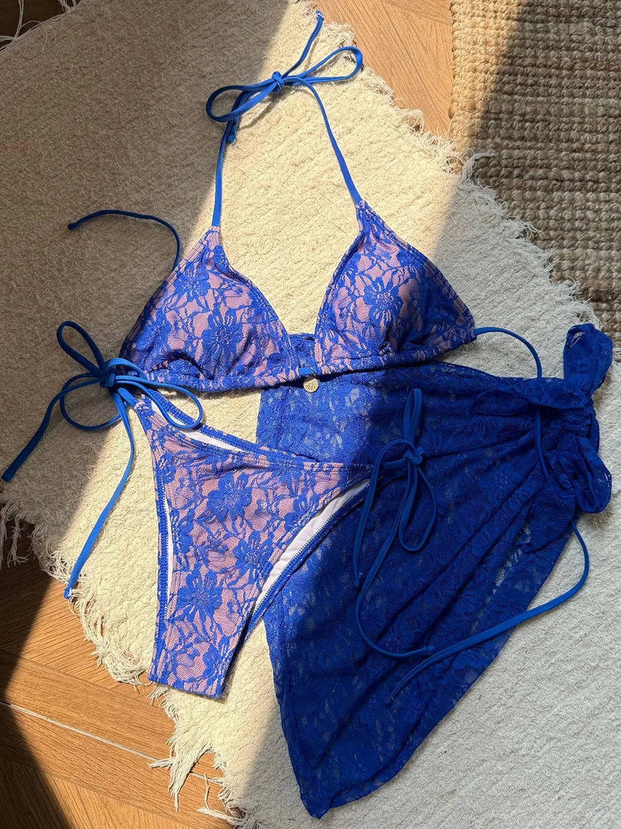 with Mesh Sarong Lace Halter High Cut Bikini