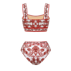 Red Ethnic Style Floral Print Bikini Set