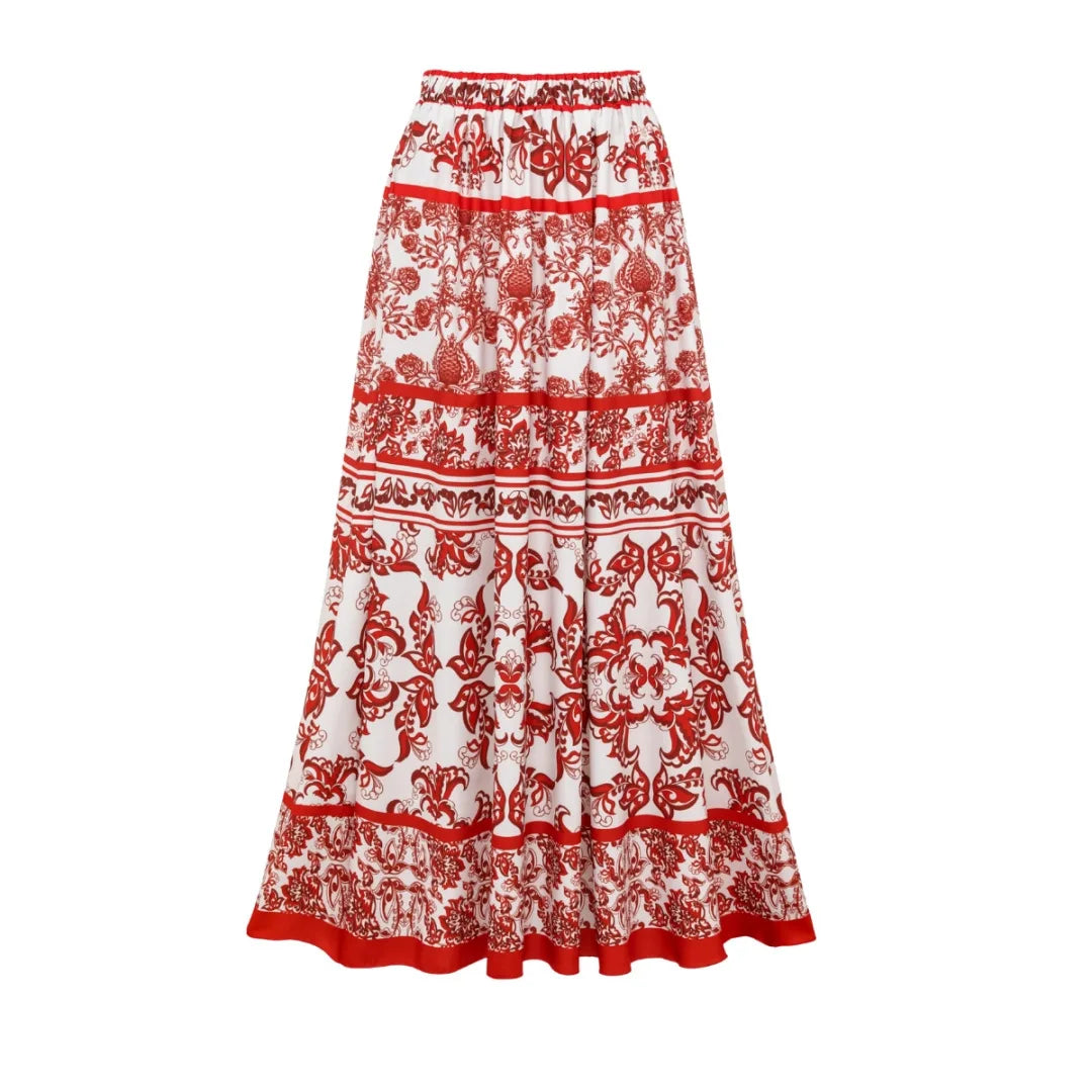 Red Ethnic Style Floral Print Bikini Set