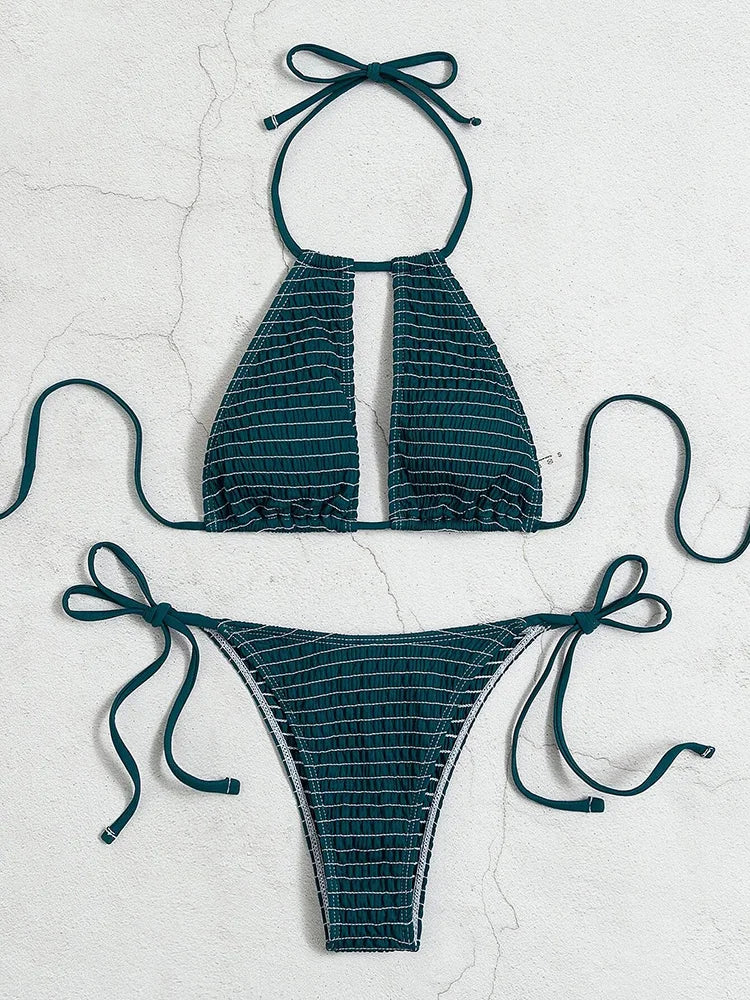 Halter Tie Side Hollow Out Smocked Bikini