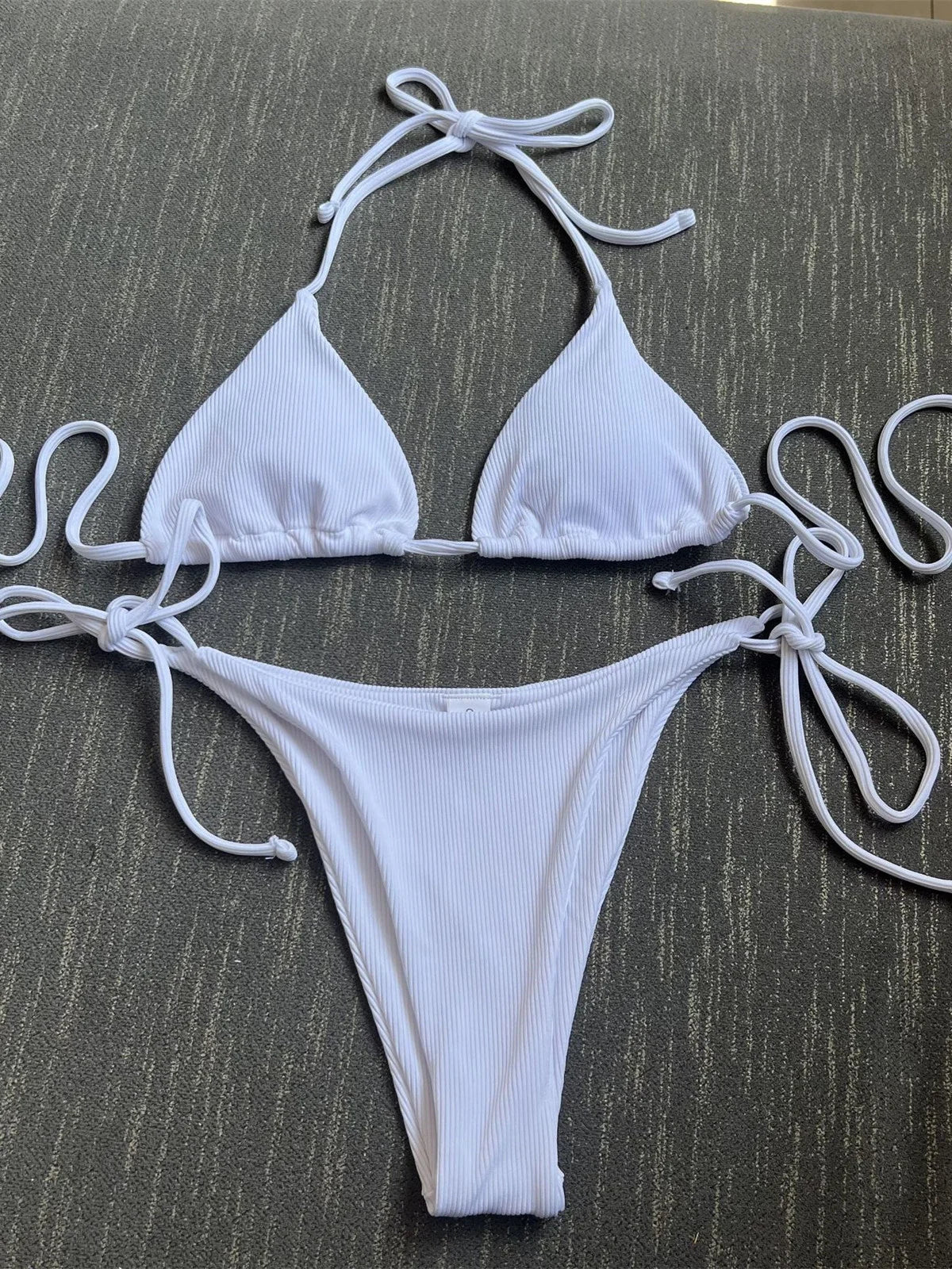 Solid Red Halter Push Up Bra Tie Side Triangle Swimsuit