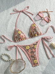 Sexy Pink Floral Sequin Bikini Set