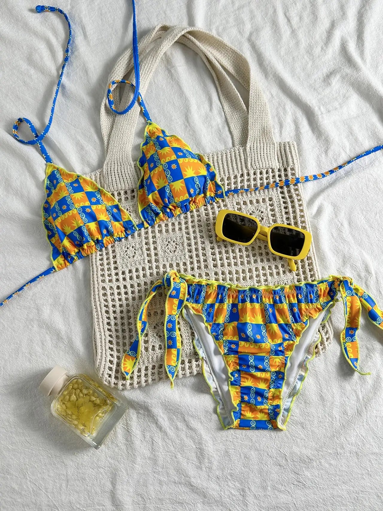 Cute Orange Floral Print Bikini Set
