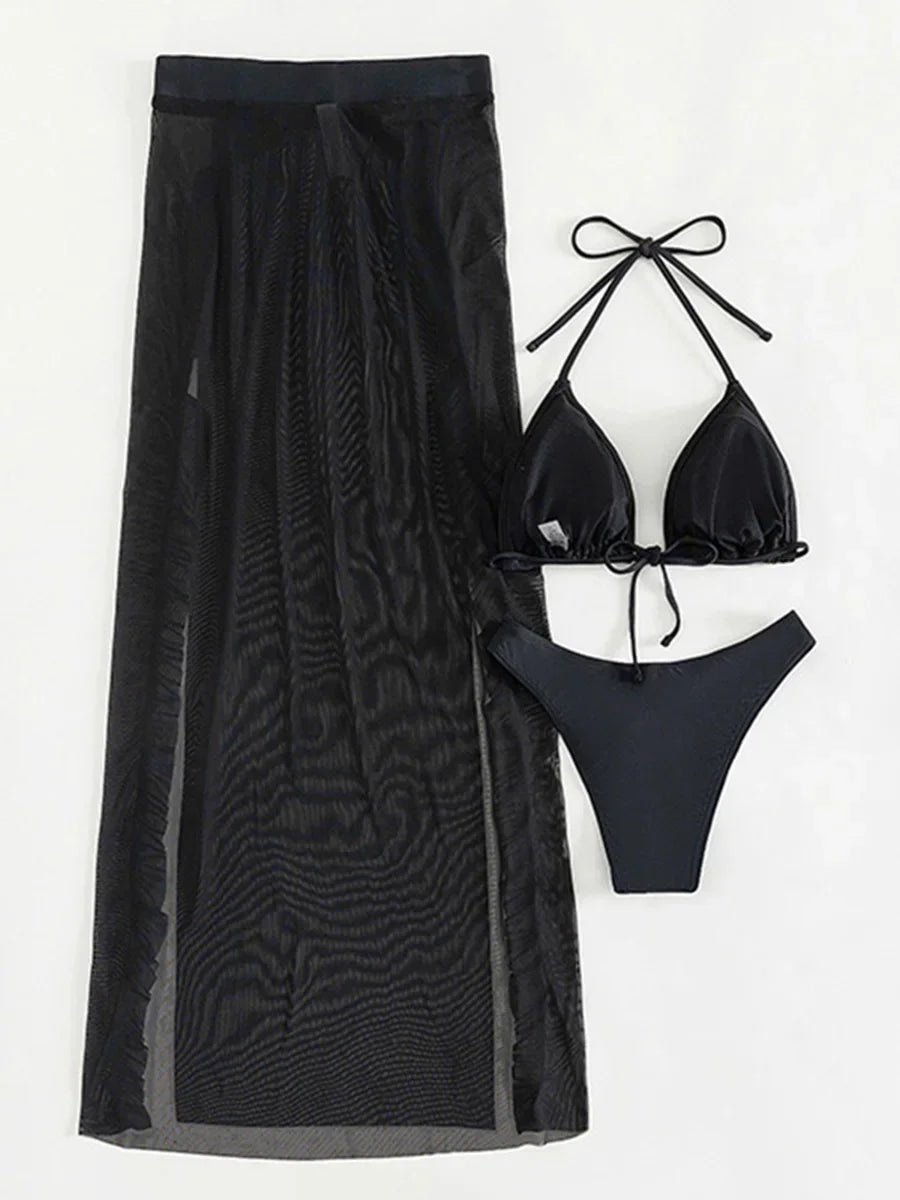 3D Flowers Ruffled Halter Long Skirt Bikini