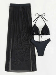 3D Flowers Ruffled Halter Long Skirt Bikini