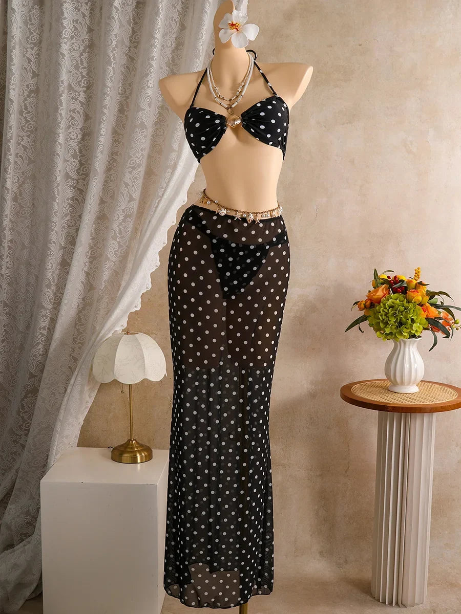 Polka Dots with Mesh Skirt Halter Shell Bikini