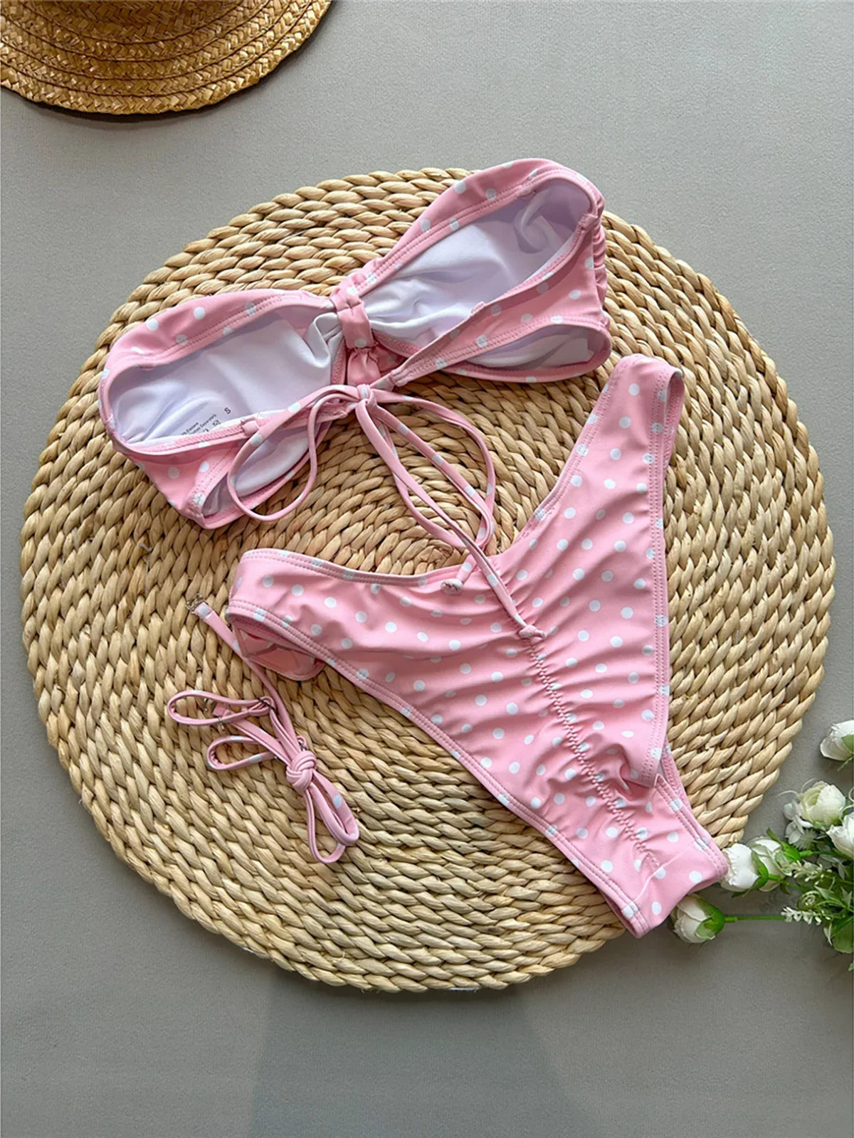 Scrunch Butt Bather Bathing Suit Swim 3D Flower Bandeau Dots Bikini