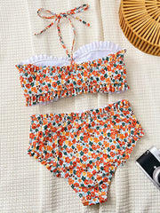 Flowers Printed Ruffled Bandeau Female Swimsuit
