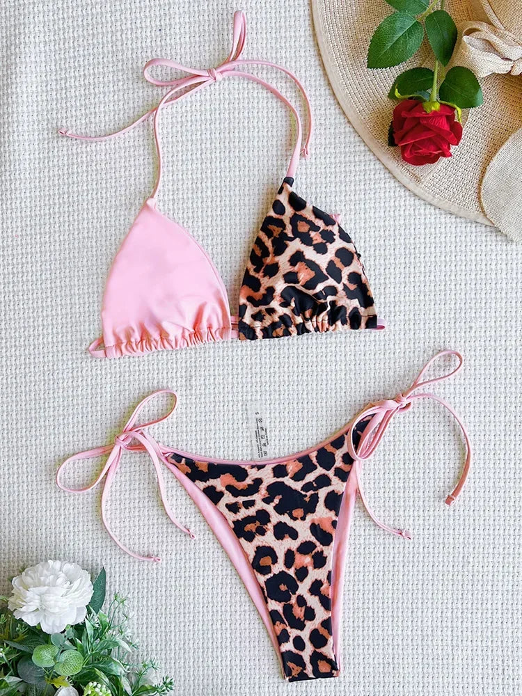 Halter Splicing Leopard Satin Bikini