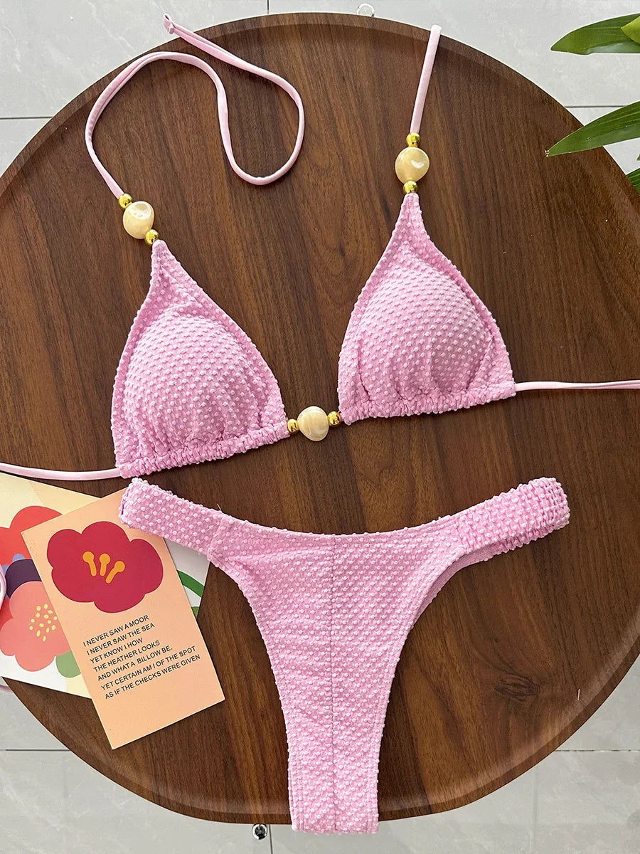 Wrinkled Crinkled Halter Beads Bikini