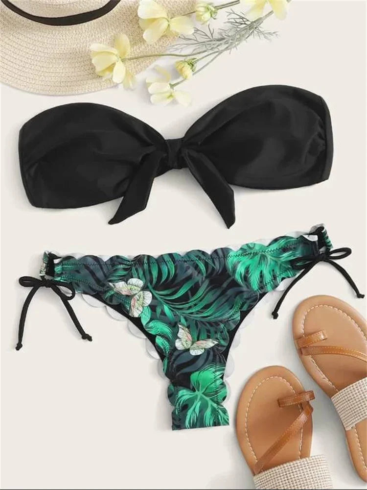 Front Lace Up Tie Bandeau Leopard Swimsuit