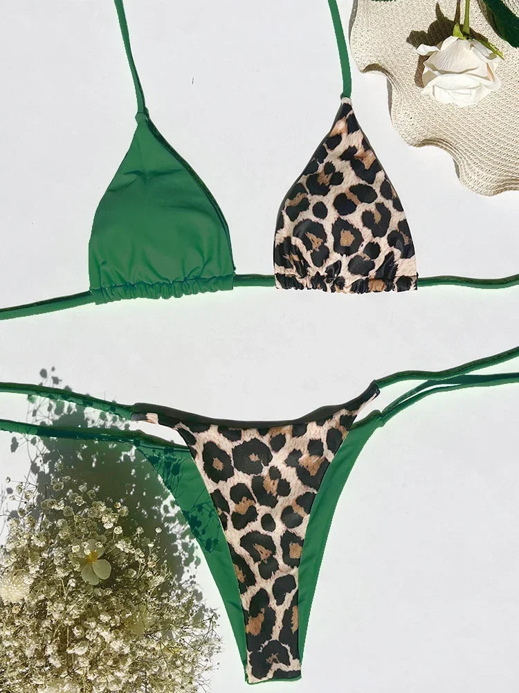 Halter Splicing Leopard Satin Bikini
