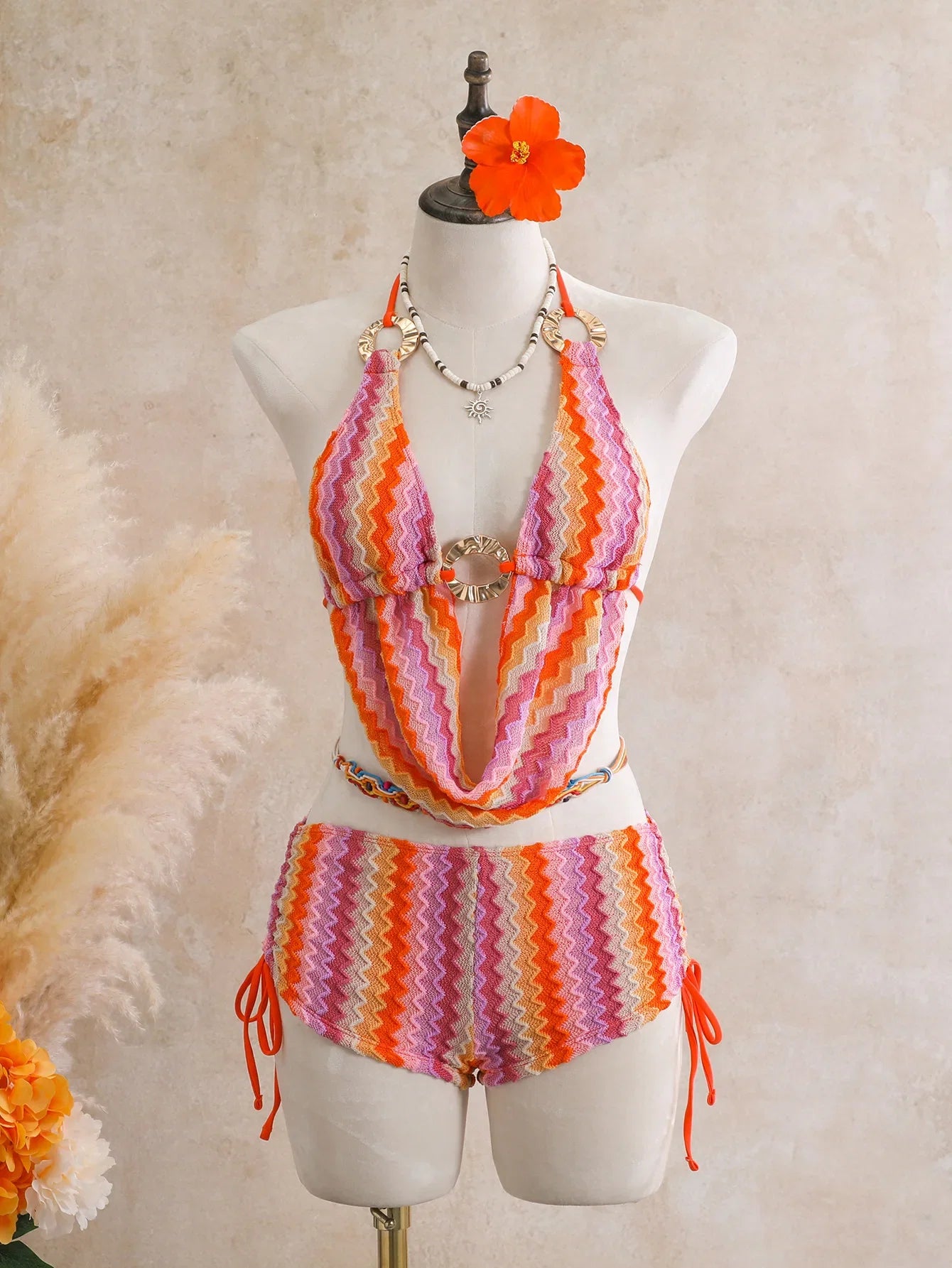 Vintage Orange Striped Bikini Set