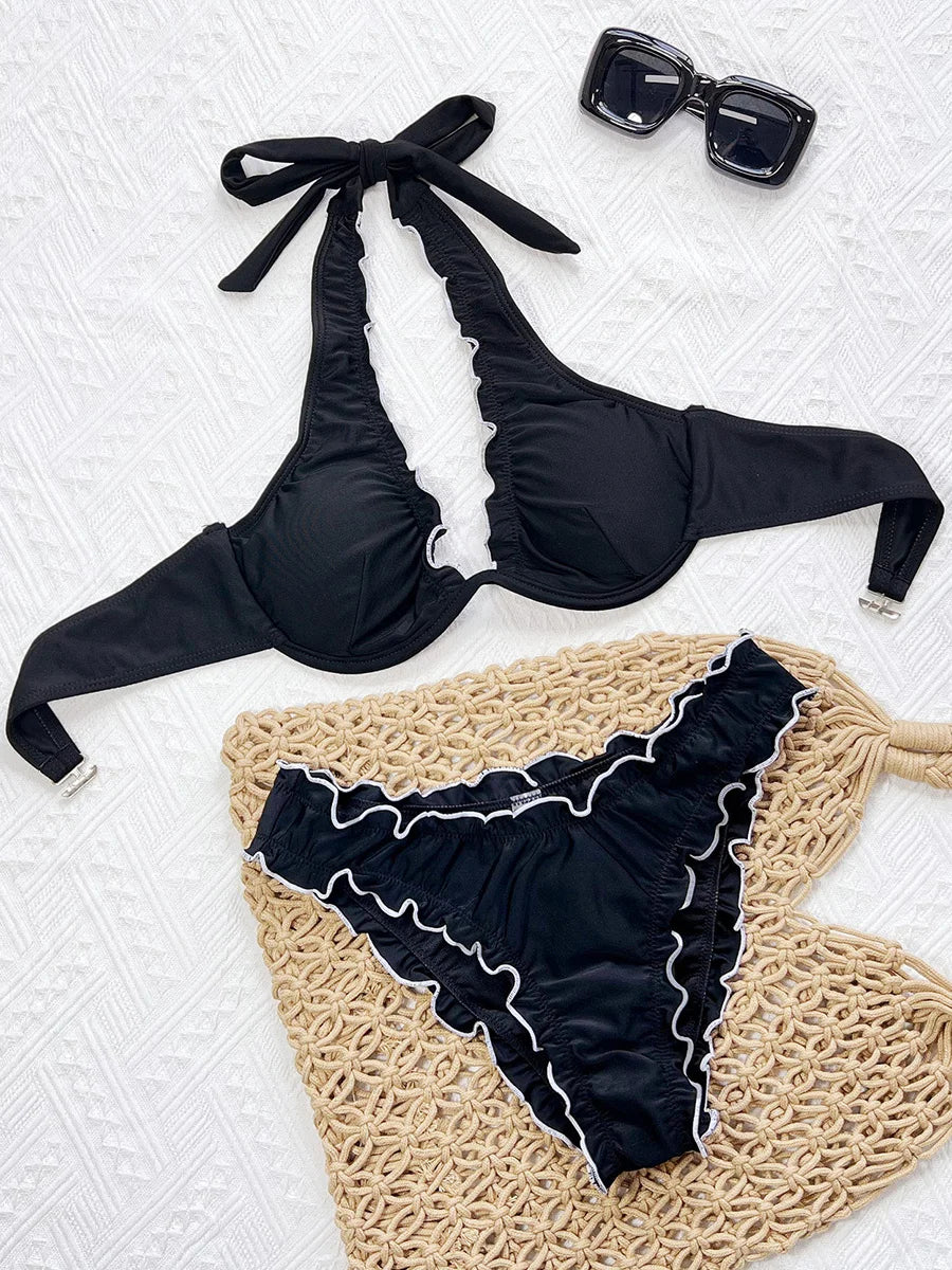 Ruffled Halter Underwired V-bar Bikini