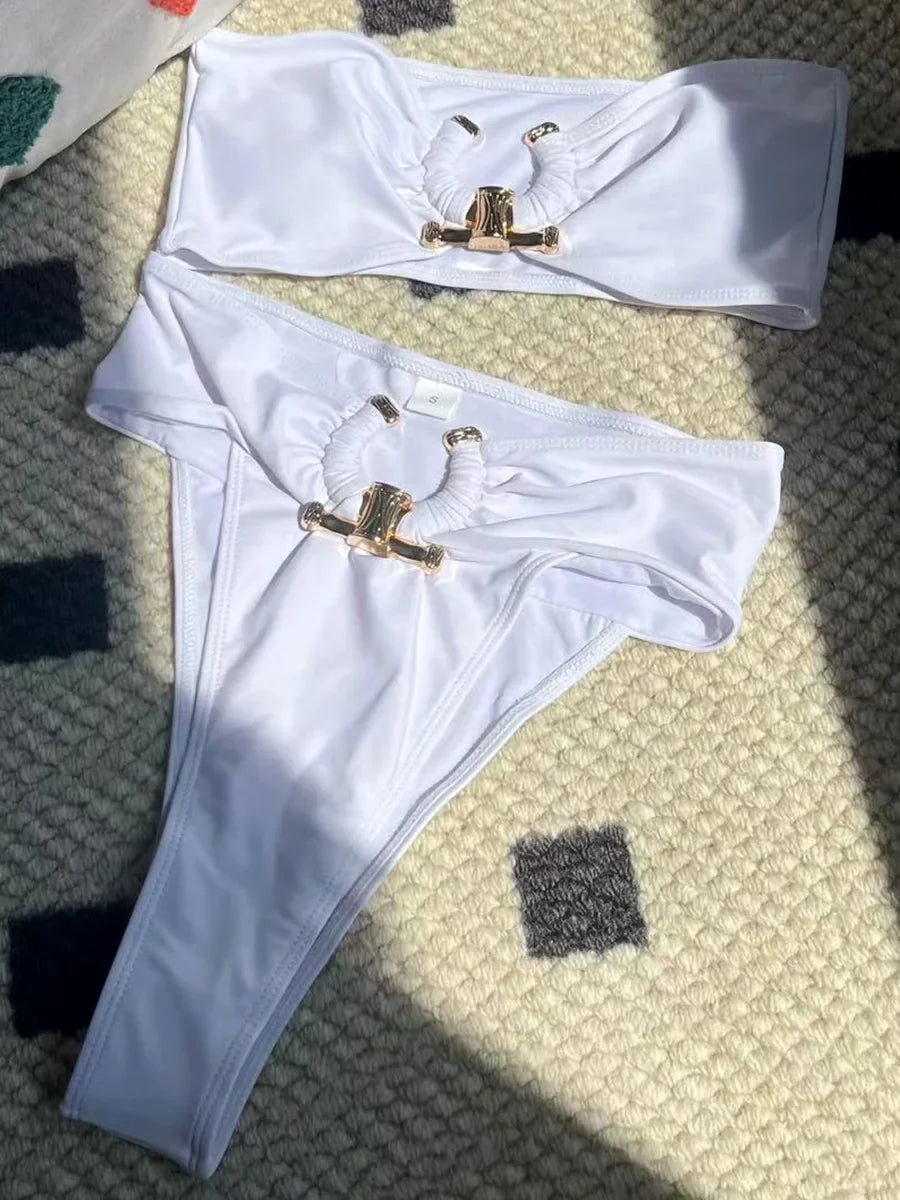 Metal Buckle Bandeau High Waist Bikini