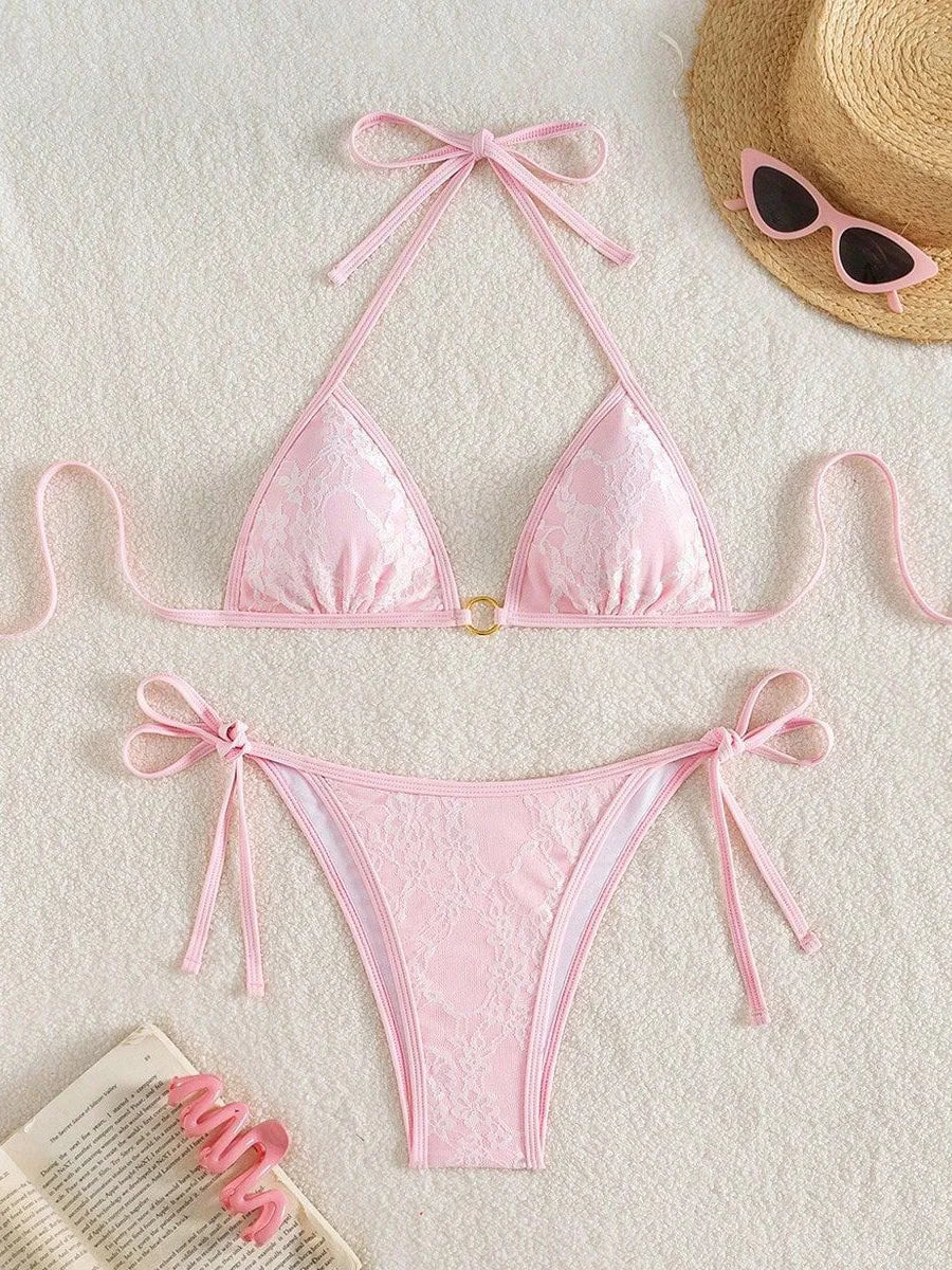 Embroidery Mesh Lace Halter Bikini