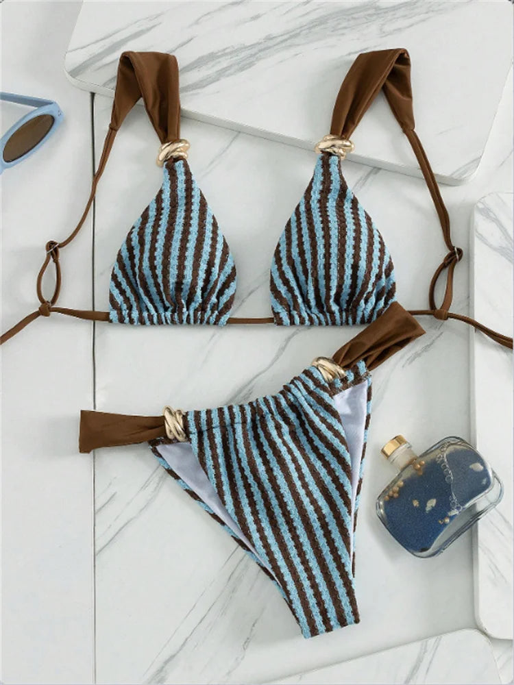 Sexy Blue Striped Micro Bikini Set