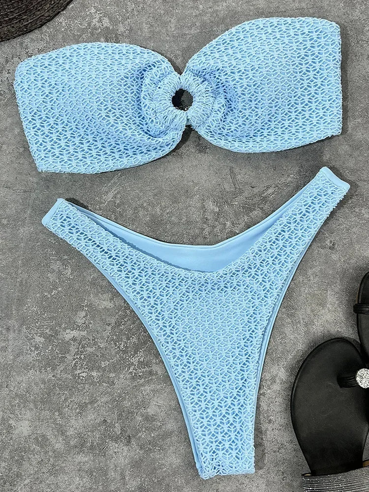 Wrinkled Fishnet Strapless Bandeau Bikini