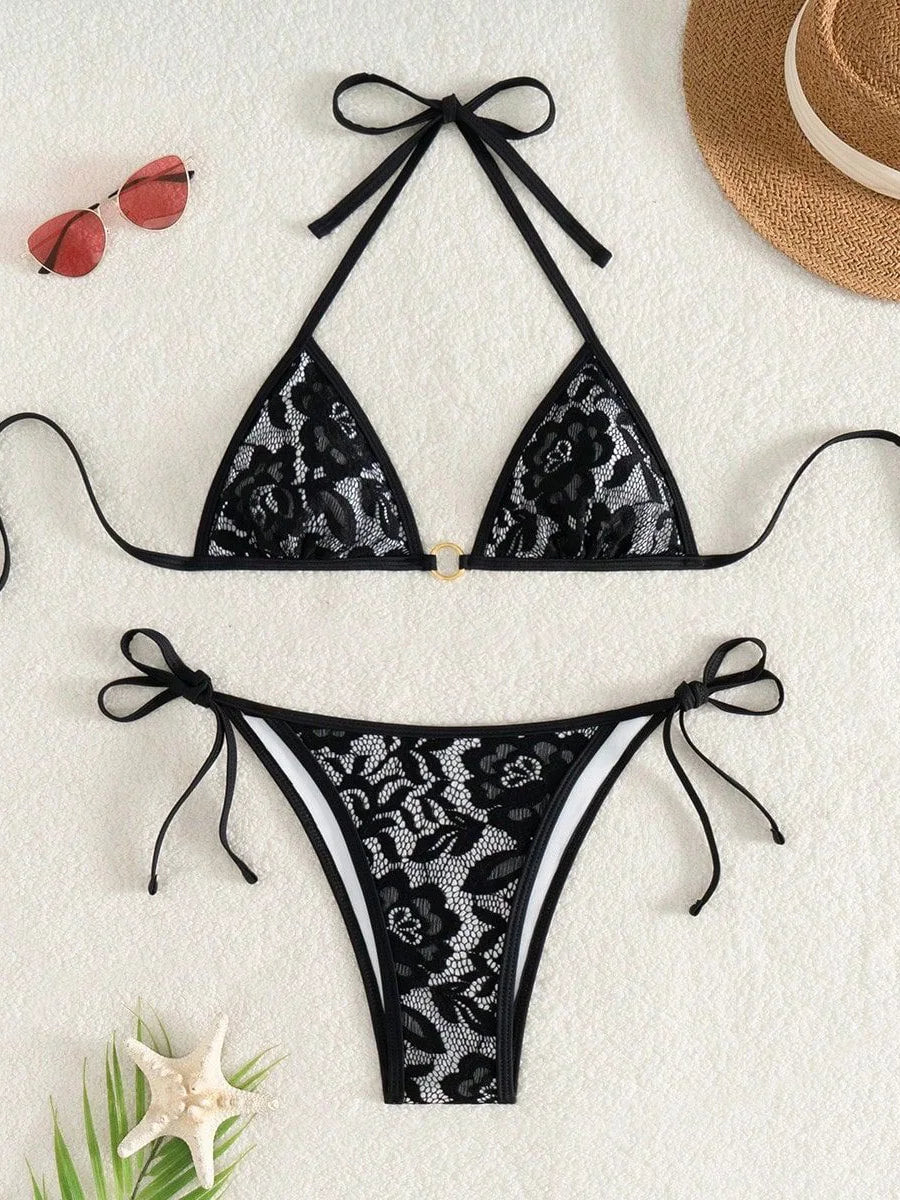 Embroidery Mesh Lace Halter Bikini