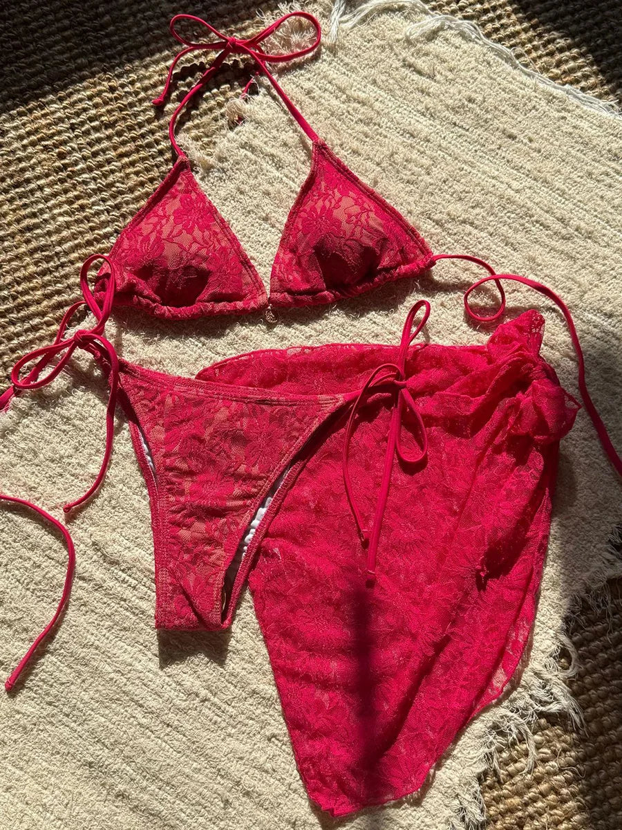 with Mesh Sarong Lace Halter High Cut Bikini