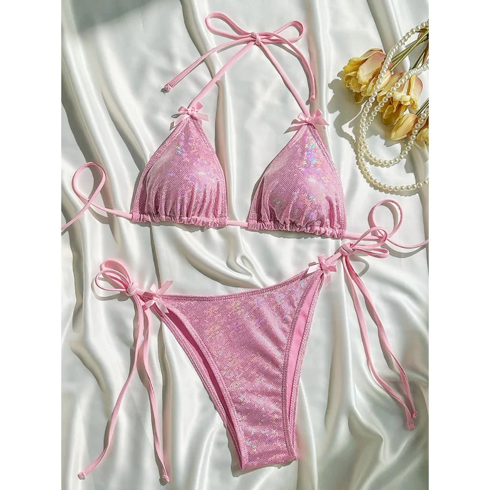Glitter Sparkling Halter Bow Bikini