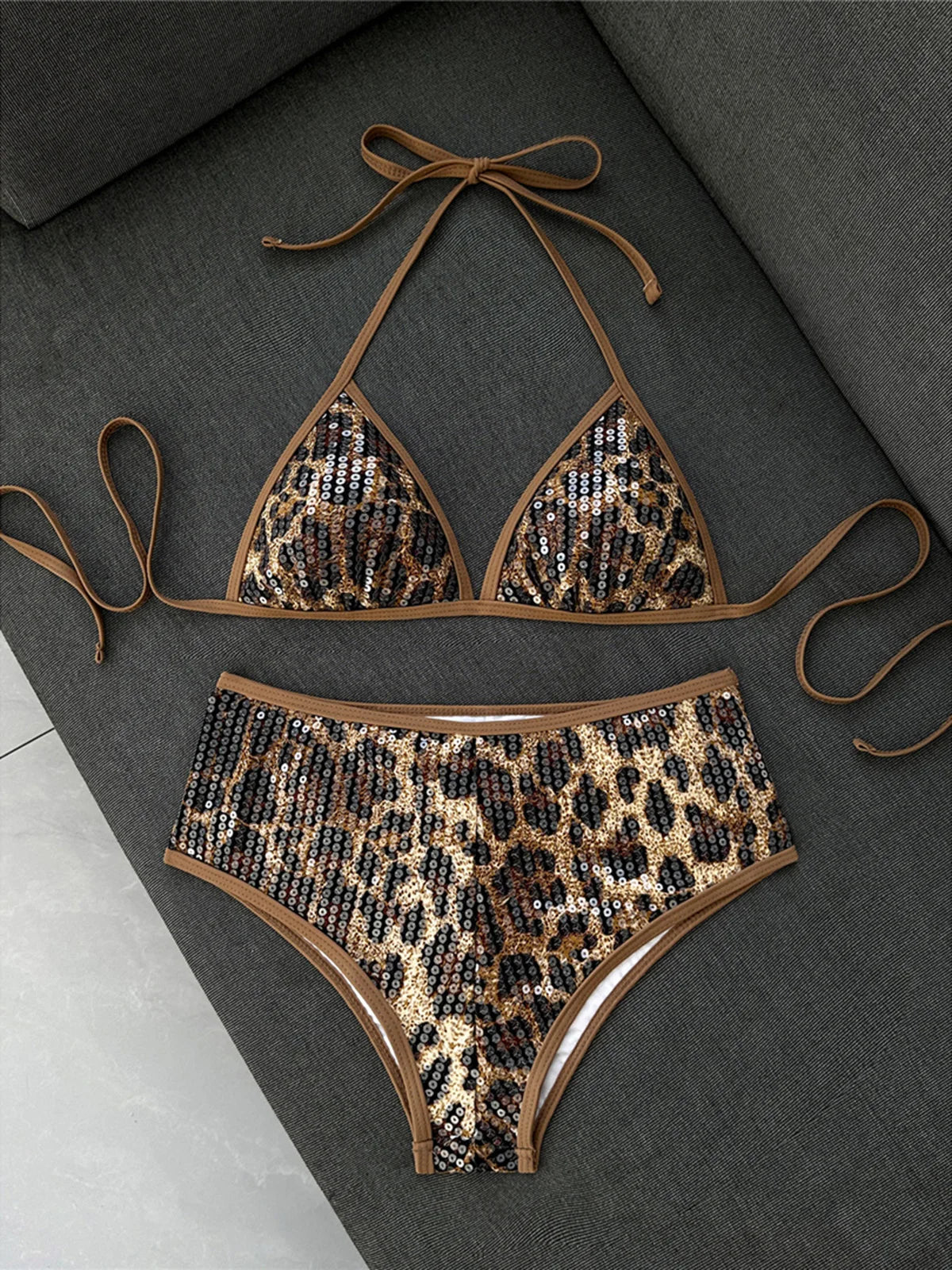 Sexy Leopard Printed Halter Sequins Bikini