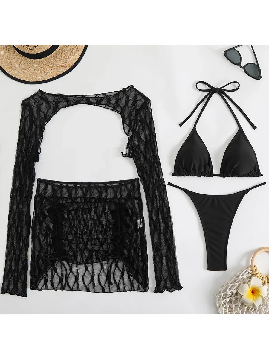 4PCS with Mesh Skirt Long Sleeve Micro Bikini