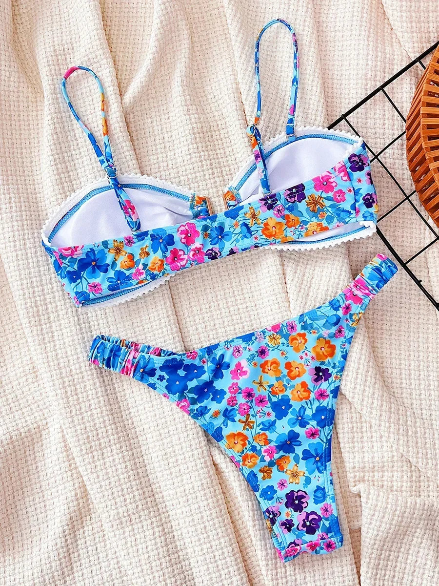 Flowers Printed U Neck Bikini