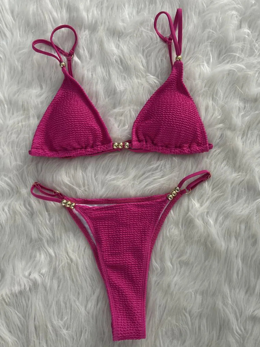 Wrinkled Pleated High Cut Brazilian Bikini