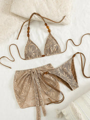 with Fishnet Sarong Skirt Halter Beads Bikini