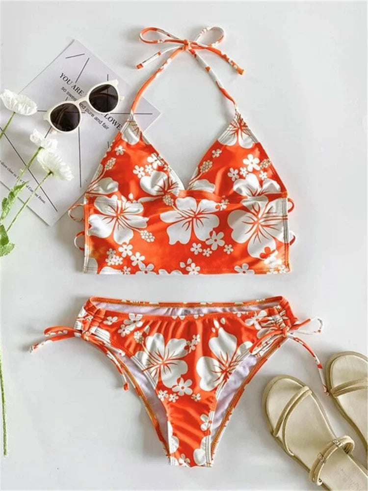 Sexy Yellow Floral Print Bikini