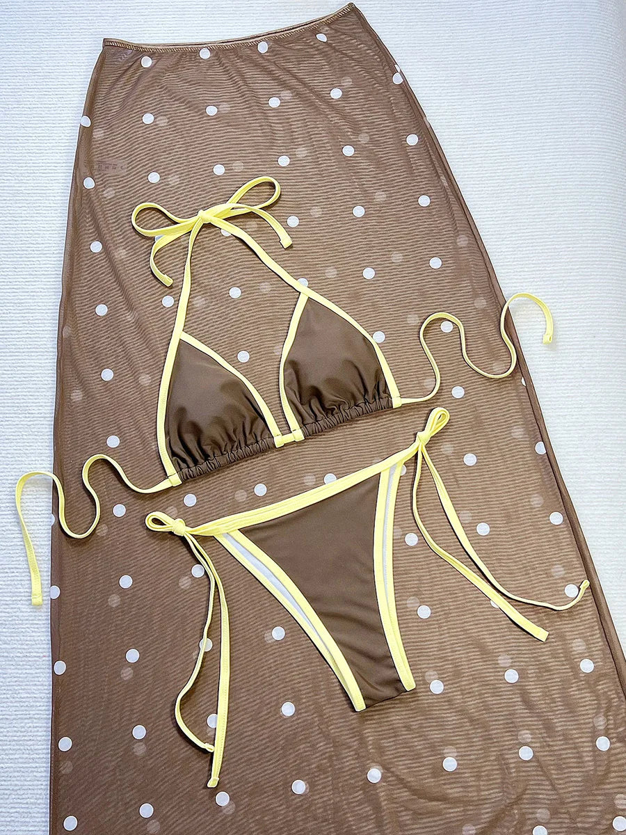 With Polka Dot Mesh Skirt Halter Bikini