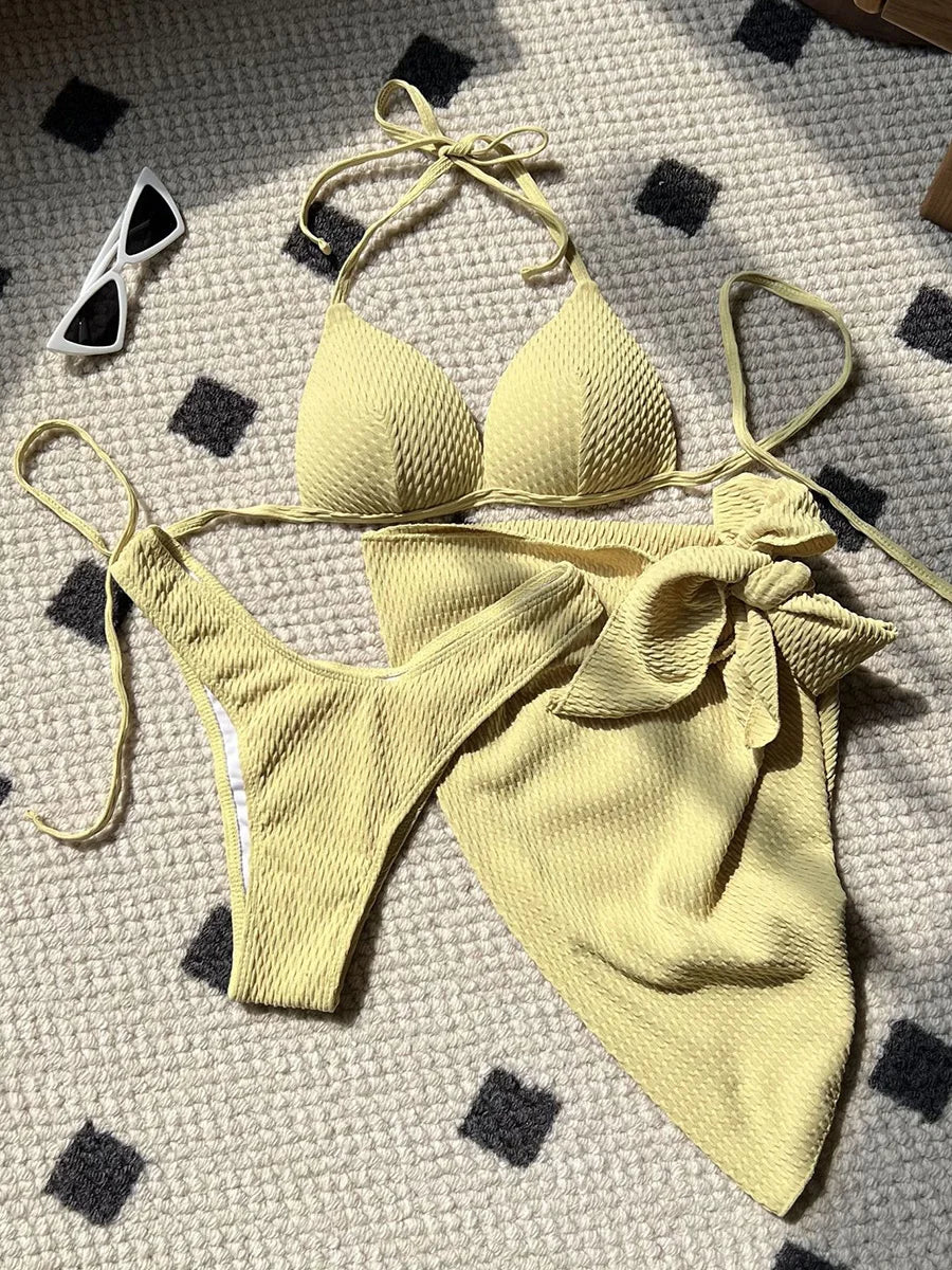 With Beach Sarong Bra Cup Wrinkled Bikini