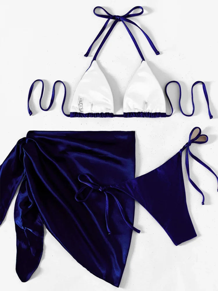 3pcs Halter with Skirt Sarong Satin Bikini